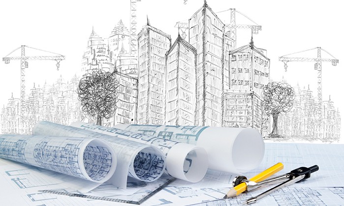 رسومات معمارية ومخططات وأدوات رسم تعبّر عن العمارة والتخطيط